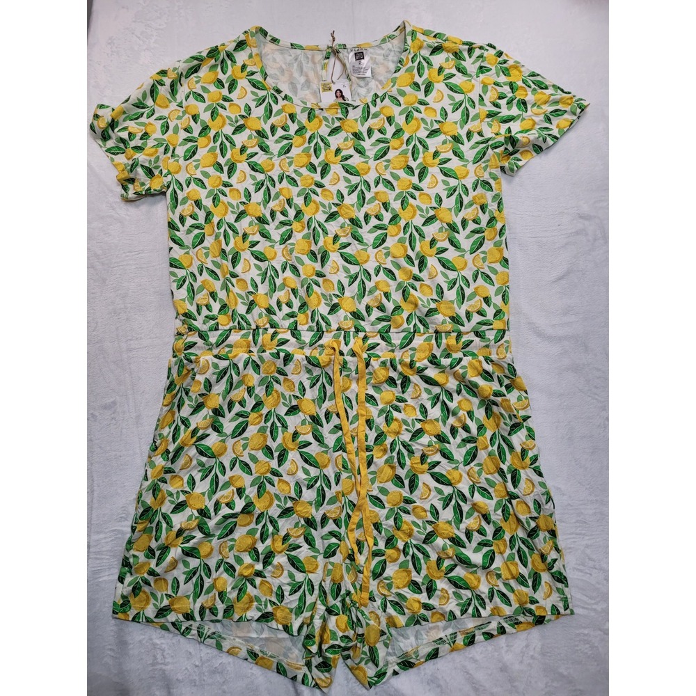 NWT Alex's Lemonade Stand Romper Womens XL White Yellow Lemon Print Short Sleeve